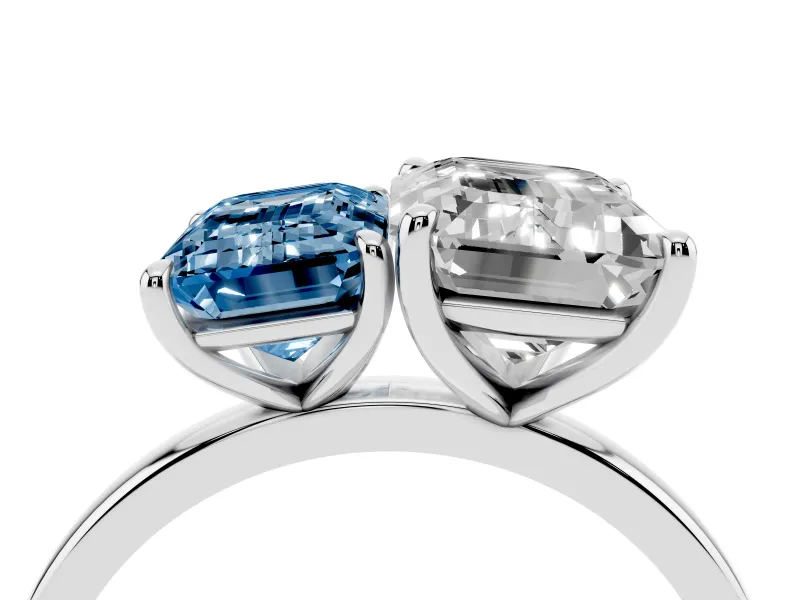 Fancy Blue Emerald Cut and Emerald Cut Toi Moi Ring Set in Silver with Prong Setting