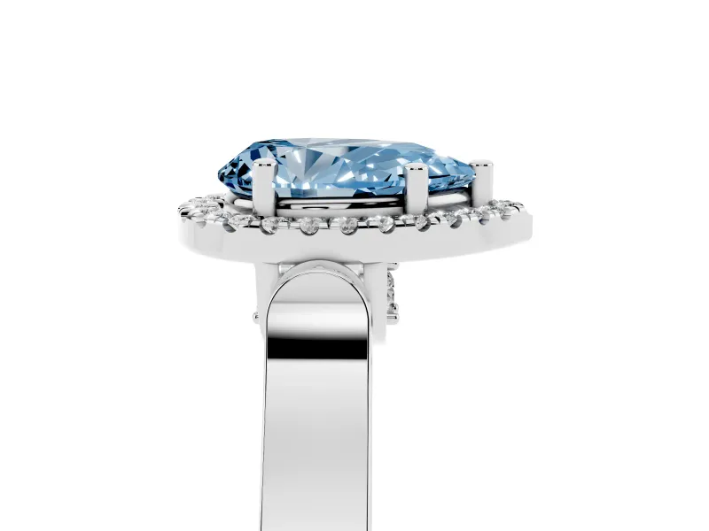 Fancy Blue Pear Cut Diamond Halo Ring Set in Silver with Pavé-Lined Split Shank Band