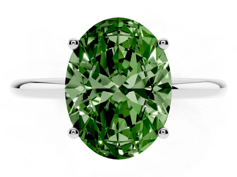 Fancy Green Oval Cut Diamond Solitaire Engagement Ring Set in Platinum with Thin Band and Prong Setting