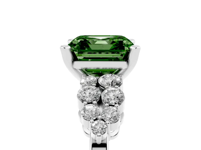 Asscher Cut Side Stone Engagement Ring Setting for a Fancy Green Lab-Grown Diamond | Shoulder Clusters | Platinum