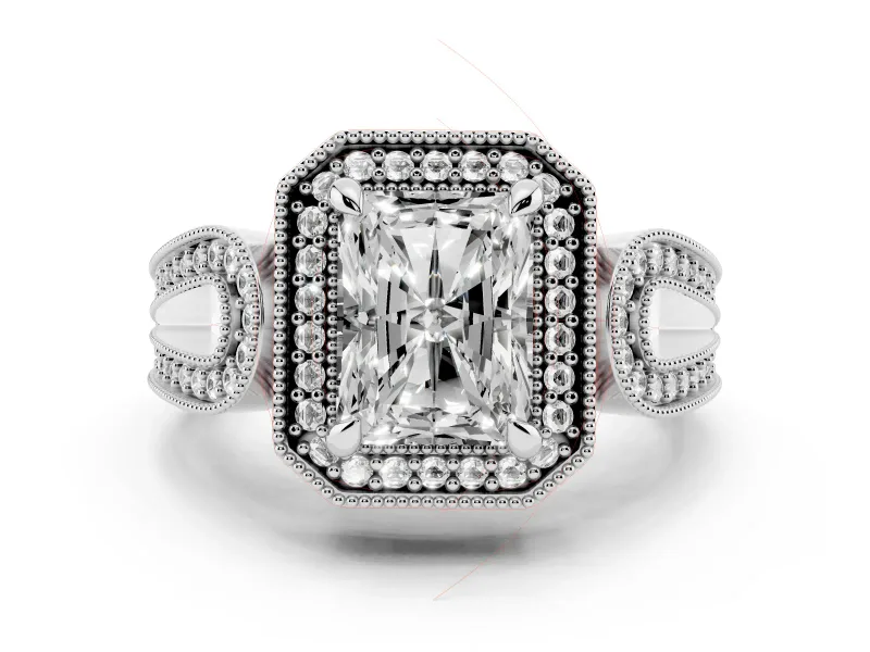 Radiant Cut Diamond Halo Ring Set in White gold with Milgrain Accent Split Shank