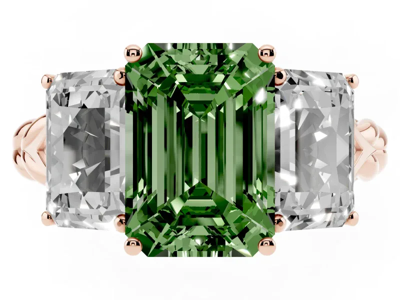 Fancy Green Emerald Cut Diamond Three-Stone Ring Set in Rose gold with Braided Band