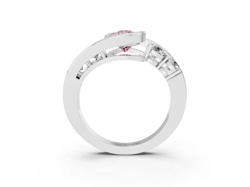 Fancy Pink Pear Cut Diamond Bezel Bypass Ring Set in Silver with Round Accents