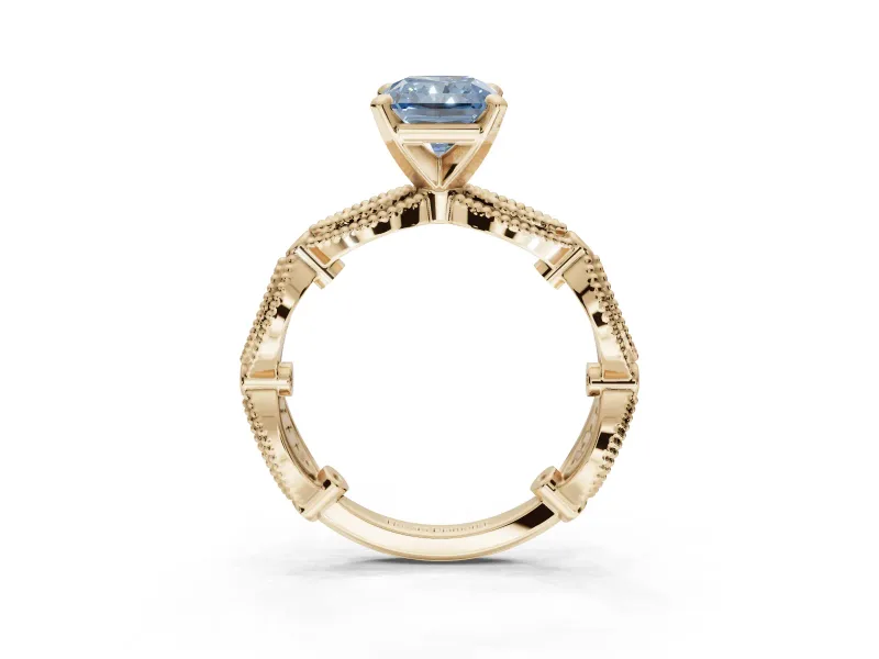 Radiant Cut Vintage Engagement Ring Setting for a Fancy Blue Lab-Grown Diamond | Graduated Stations | Yellow Gold