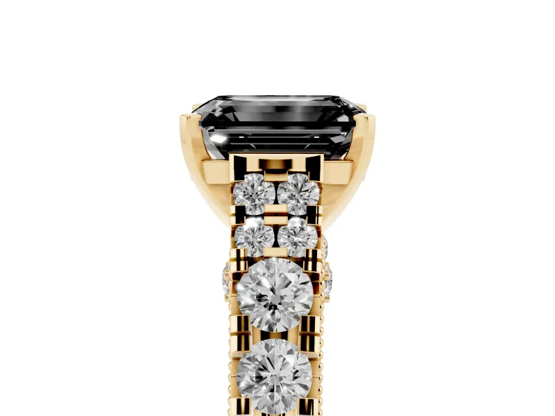 Fancy Black Emerald Cut Diamond Classic Solitaire Ring Set in Yellow gold with Pavé Band and Prong Setting