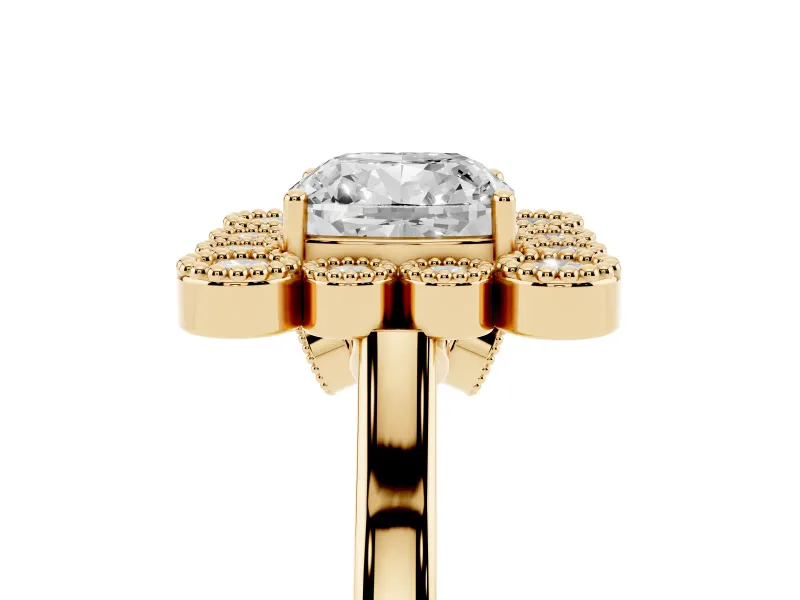 Cushion Cut Vintage Milgrain Bezel Cluster Halo Engagement Ring Setting | Plain Band | Yellow Gold