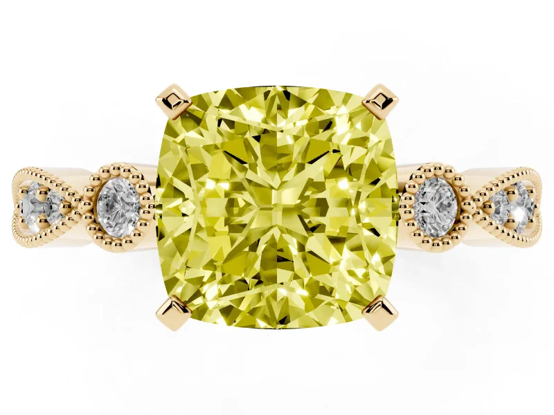 Fancy Yellow Cushion Cut Diamond Solitaire Engagement Ring Set in Yellow gold with Milgrain Bezel Accent Band