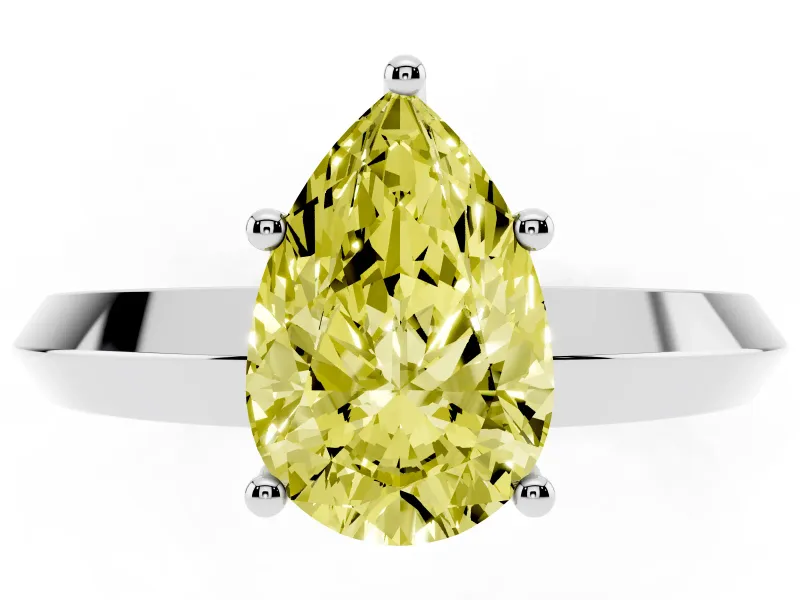 Fancy Yellow Pear Cut Diamond Solitaire Engagement Ring Set in Silver with Flat Band and Prong Setting