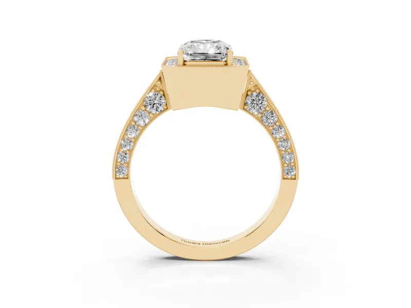 Radiant Cut Vintage Milgrain Halo Engagement Ring Setting | Side Stones and Pave | Yellow Gold