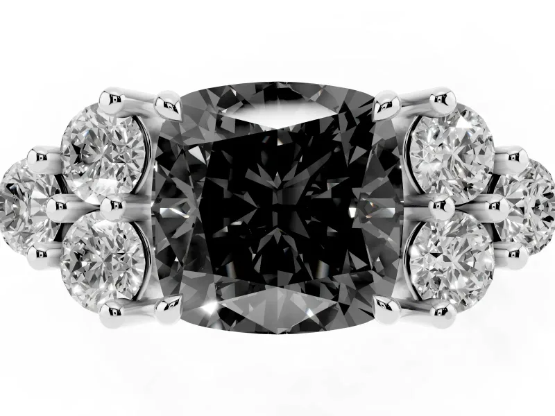 Fancy Black Cushion Cut Diamond Solitaire Ring Set in White gold with Cluster Accents on Each Side