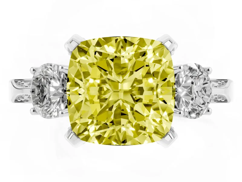 Cushion Cut Hidden Halo Three Stone Engagement Ring Setting for a Fancy Yellow Lab-Grown Diamond | Platinum