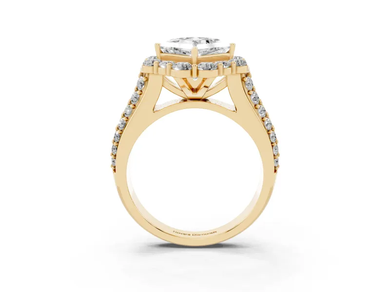 Princess Cut Diamond Halo Engagement Ring Set in Yellow gold with Split Shank and Prong Setting