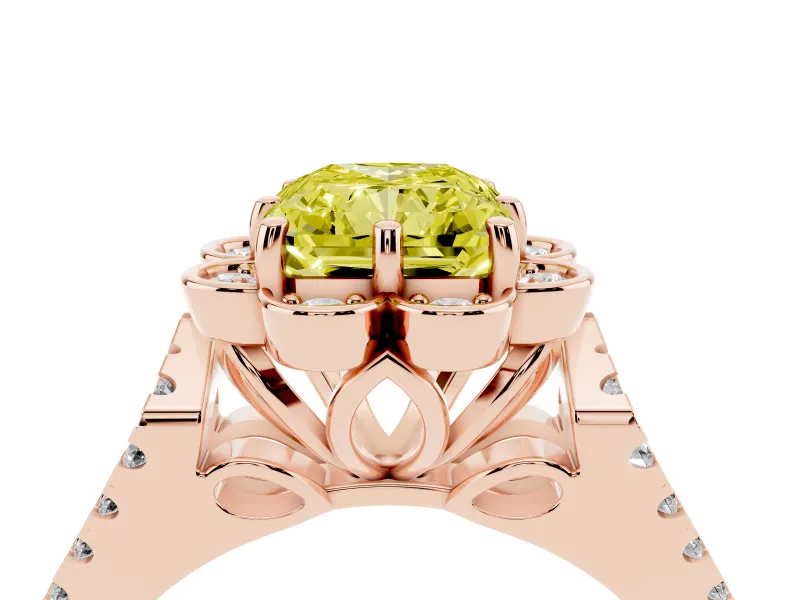 Radiant Cut Floral Halo Engagement Ring Setting for a Fancy Yellow Lab-Grown Diamond | Pavé Split Shank | Rose Gold
