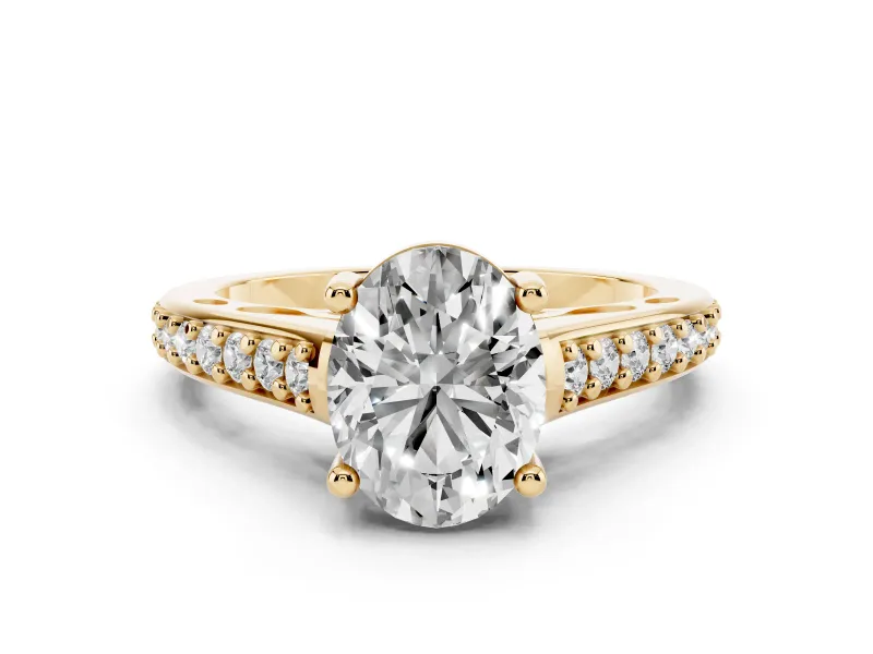 Oval Cut Diamond Prong Set Solitaire Engagement Ring Set in Yellow gold with Pavé Band