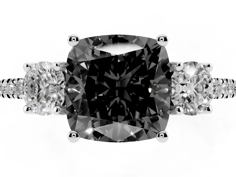 Cushion Cut Three Stone Engagement Ring Setting for a Black Center | Pavé Shoulders | Sterling Silver