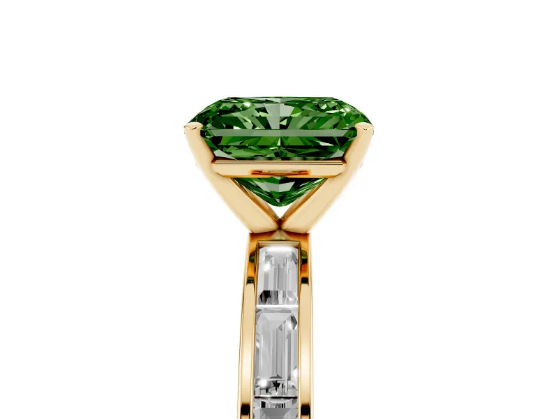 Fancy Green Radiant Cut Diamond Solitaire Ring Set in Yellow gold with Channel-Set Baguette Band and Prong Setting