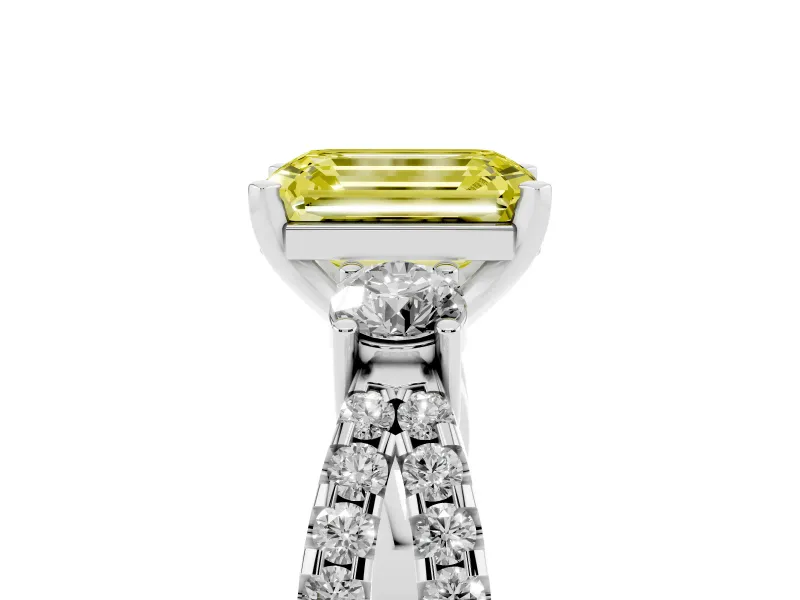 Fancy Yellow Emerald Cut Diamond Three-Stone Ring Set in Platinum with Pavé Split Shank and Prong Setting