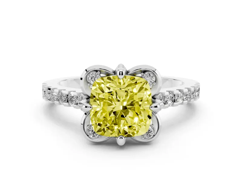 Fancy Yellow Cushion Cut Diamond Solitaire Ring Set in Platinum with Pavé Band and Floral Prong Setting