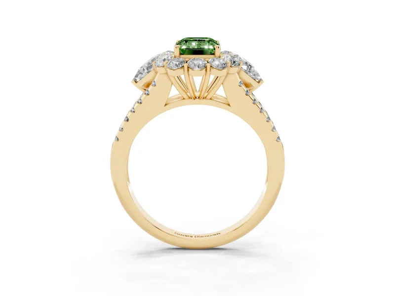 Fancy Green Emerald Cut Diamond Halo Split Shank Engagement Ring Set in Yellow gold with Prong-Held Center Stone