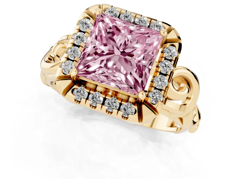 Princess Cut Filigree Halo Engagement Ring Setting for a Fancy Pink Lab-Grown Diamond | Yellow Gold