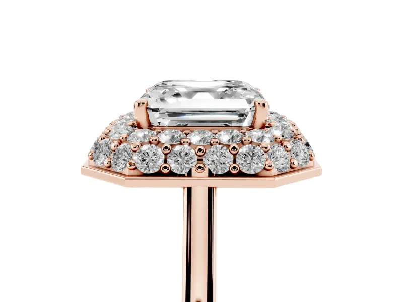 Asscher Cut Pave Halo Engagement Ring Setting | Slim Plain Band | Rose Gold