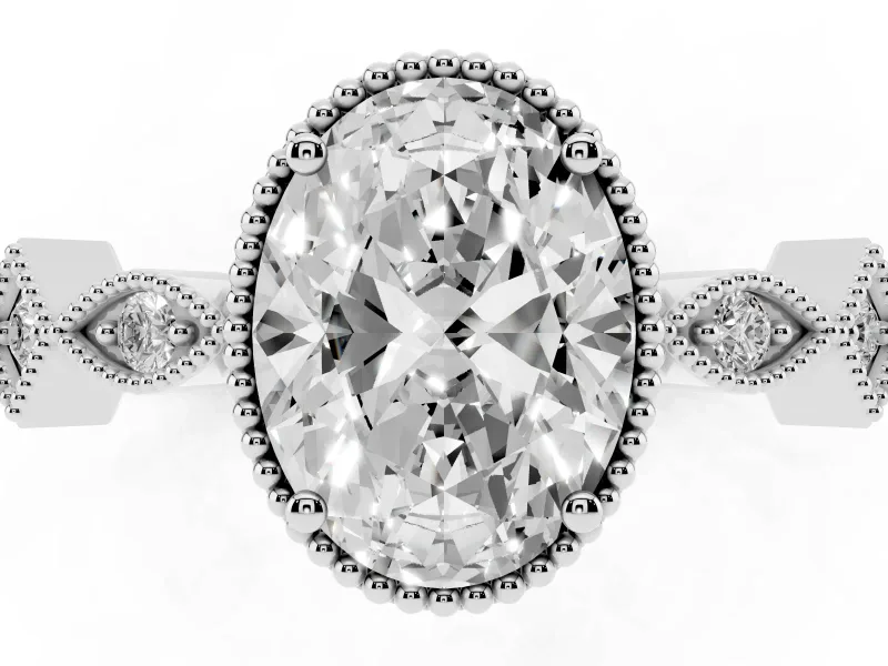 Oval Milgrain Bezel Engagement Ring Setting | Geometric Station Band | White Gold