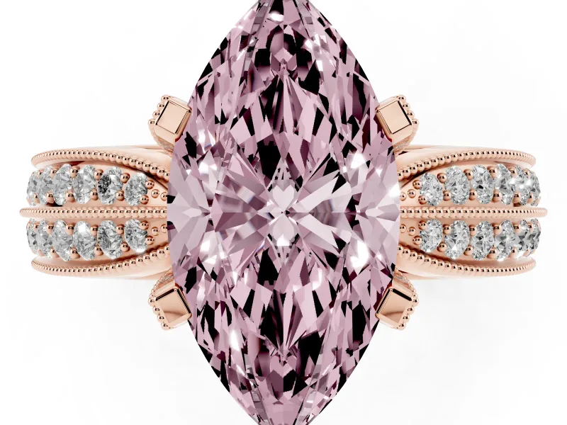 Fancy Pink Marquise Cut Diamond Solitaire Ring Set in Rose gold with Milgrain Double Row Round Pavé Band