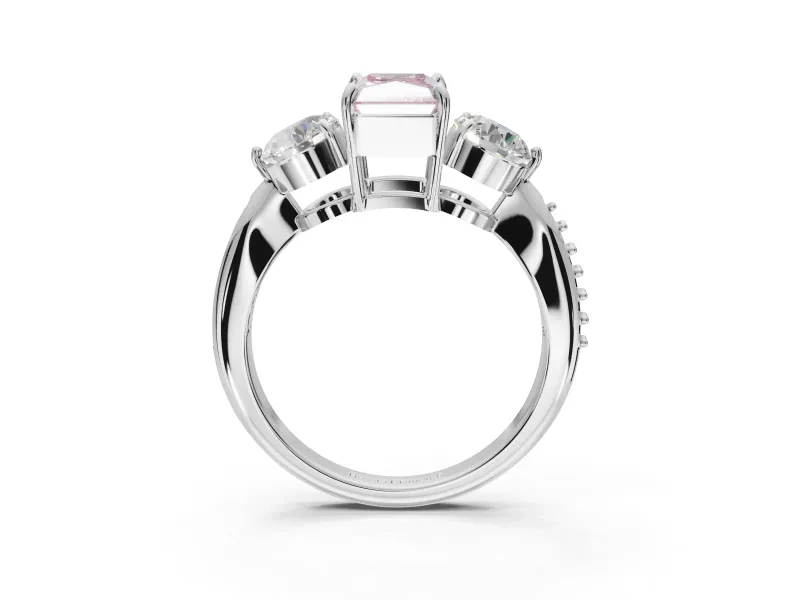 Radiant Cut Three Stone Engagement Ring Setting for a Fancy Pink Lab-Grown Diamond | Tapered Pave Band | Platinum