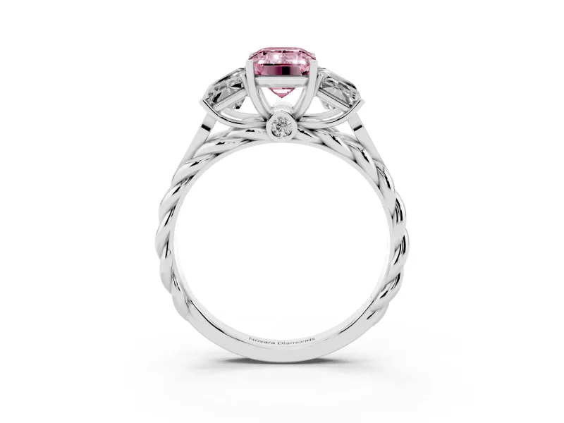 Fancy Pink Emerald Cut Diamond Three-Stone Ring Set in Silver with Braided Band