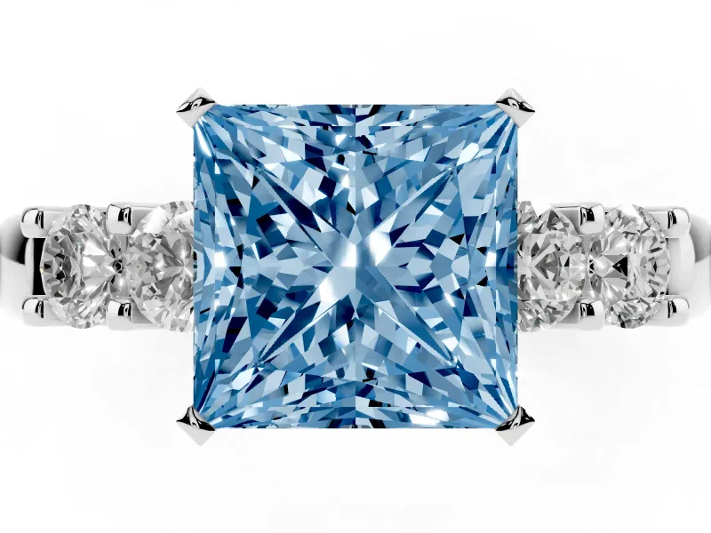 Fancy Blue Princess Cut Diamond Five-Stone Prong Set Engagement Ring Set in Platinum with Channel Band