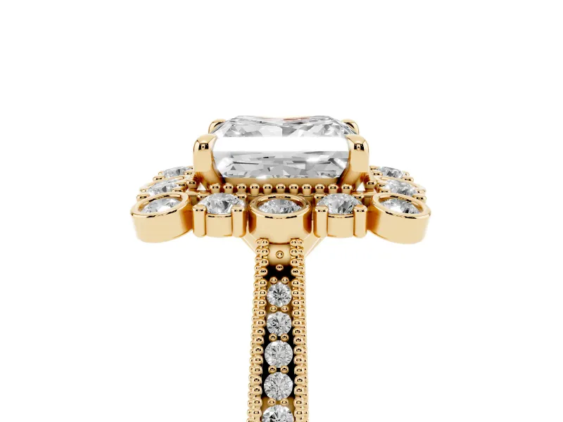 Princess Cut Diamond Halo Milgrain Pavé Ring Set in Yellow gold with Prong Setting