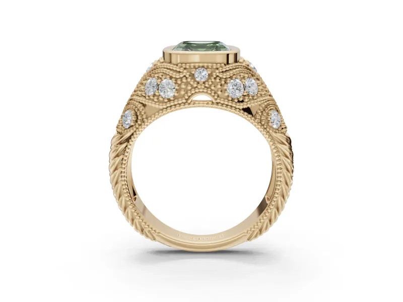 Asscher Cut Vintage Bezel Engagement Ring Setting for a Fancy Green Lab-Grown Diamond | Yellow Gold