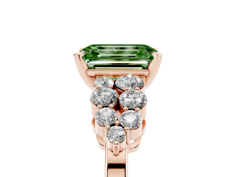Fancy Green Emerald Cut Diamond Cluster Engagement Ring Set in Rose gold with Pavé Band and Prong Setting