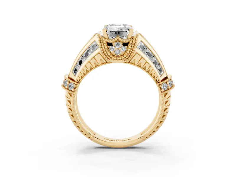 Emerald Cut Vintage Milgrain Engagement Ring Setting | Hidden Halo | Yellow Gold