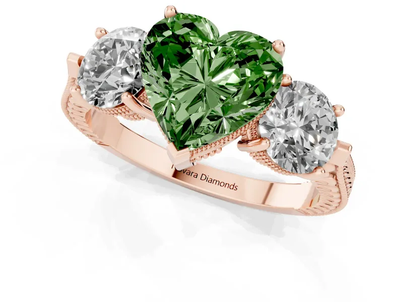 Fancy Green Heart Cut Diamond Three-Stone Ring Set in Rose gold with Milgrain Band
