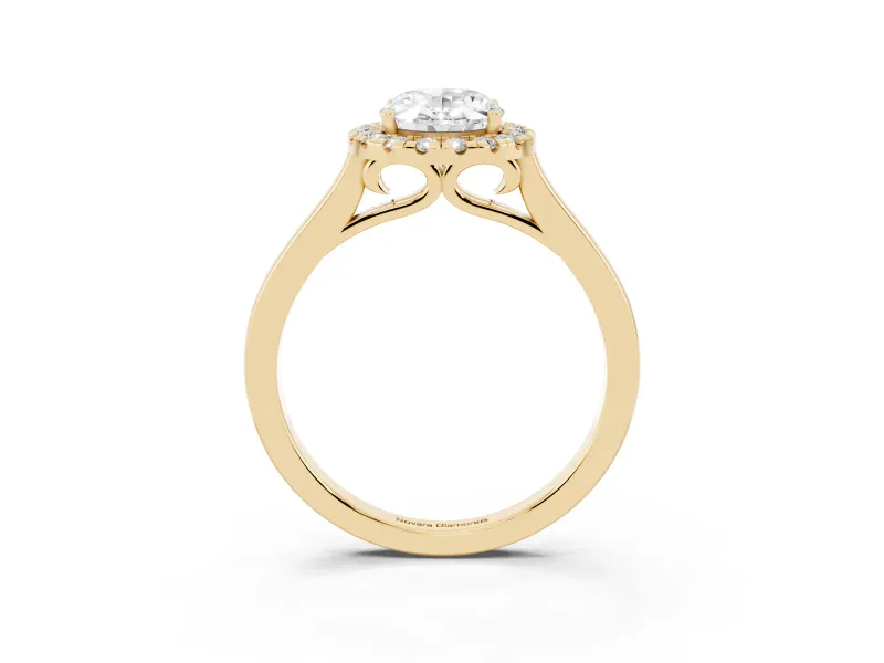 Oval Cut Halo Round Diamond Solitaire Ring Set in Yellow gold with Pavé Band and Prong Setting