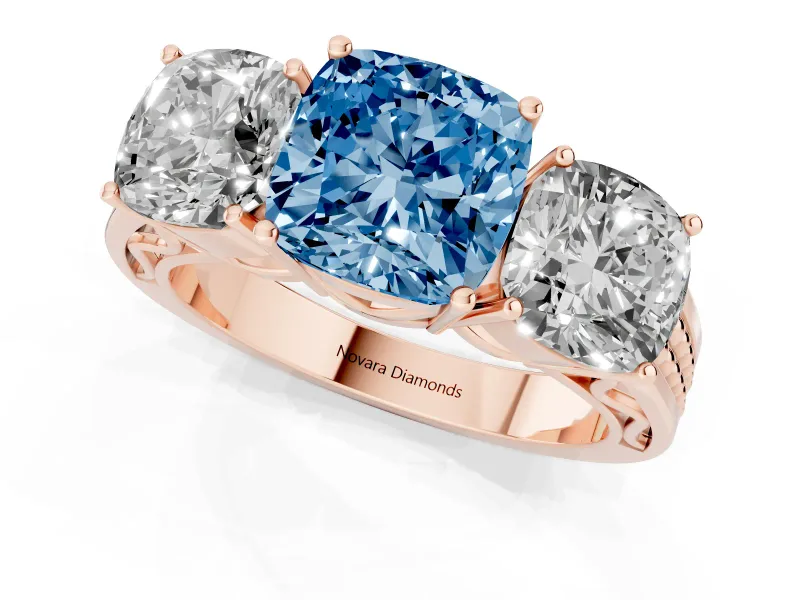 Cushion Cut Three Stone Engagement Ring Setting for a Fancy Blue Lab-Grown Diamond | Beaded Shoulders | Rose Gold