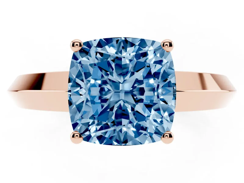 Fancy Blue Cushion Cut Diamond Solitaire Engagement Ring Set in Rose gold with Flat Band and Prong Setting