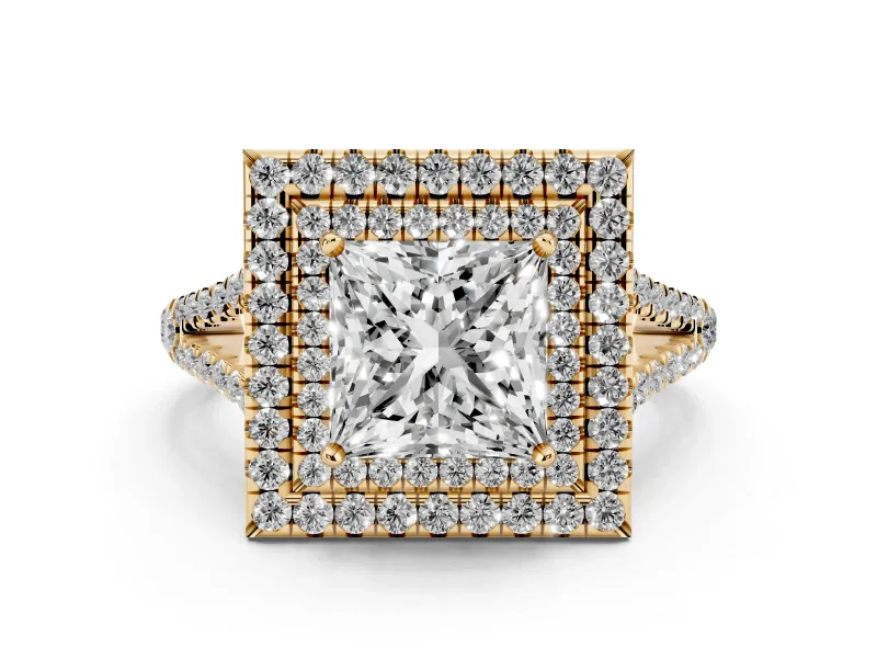 Princess Cut Diamond Double Halo Ring Set in Yellow gold with Pavé Band