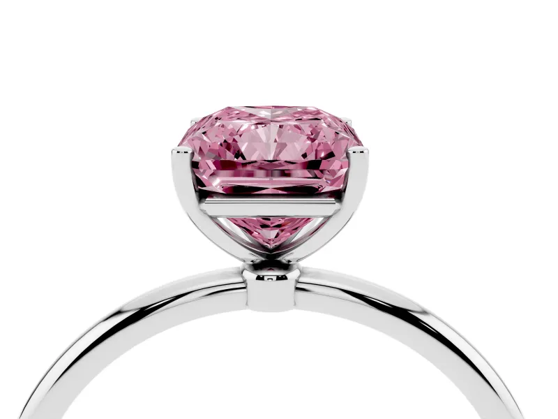 Fancy Pink Radiant Cut Diamond Solitaire Engagement Ring Set in Silver with Thin Band and Prong Setting