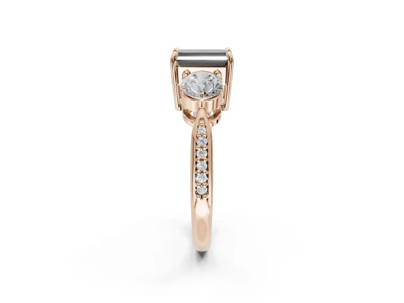 Emerald Cut Three Stone Engagement Ring Setting for a Black Center | Tapered Pavé Band | Rose Gold
