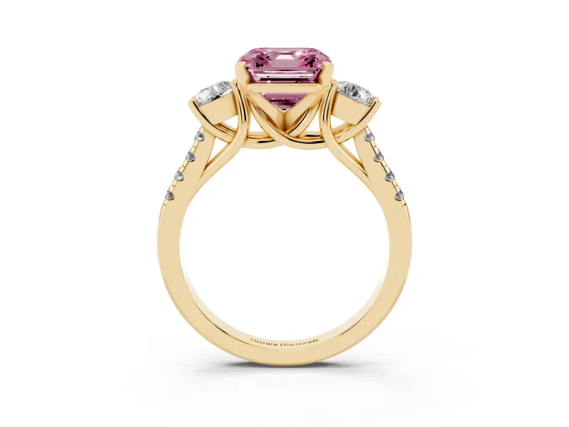 Fancy Pink Three-Stone Asscher Cut Diamond Pavé Band Ring Set in Yellow gold with Prong-Set Trio