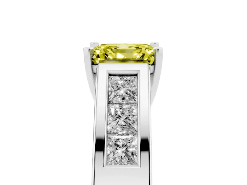 Fancy Yellow Asscher Cut Diamond Solitaire Ring Set in Silver with Channel-Set Accent Stones and Prong Setting