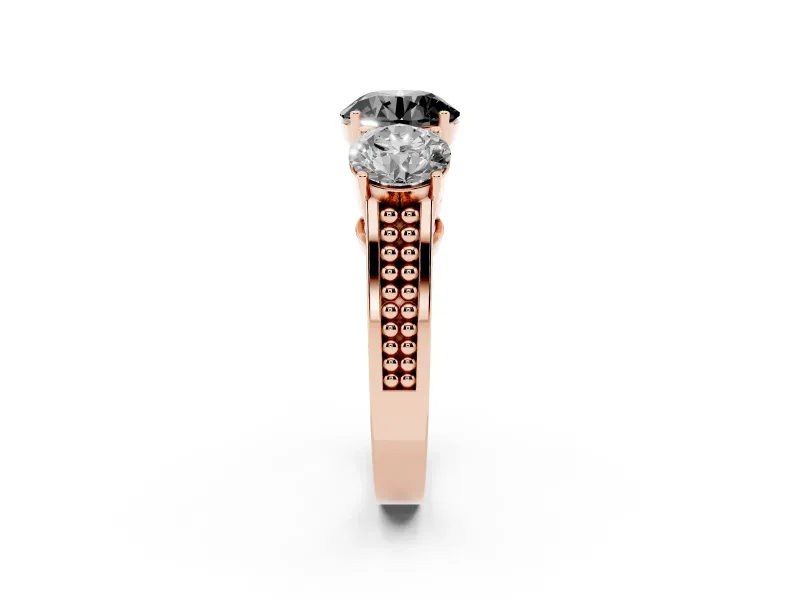 Round Three Stone Engagement Ring Setting for a Black Center | Beaded Shoulders | Rose Gold