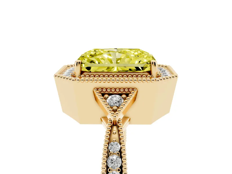 Radiant Cut Milgrain Halo Engagement Ring Setting for a Fancy Yellow Lab-Grown Diamond | Graduated Pavé | Yellow Gold