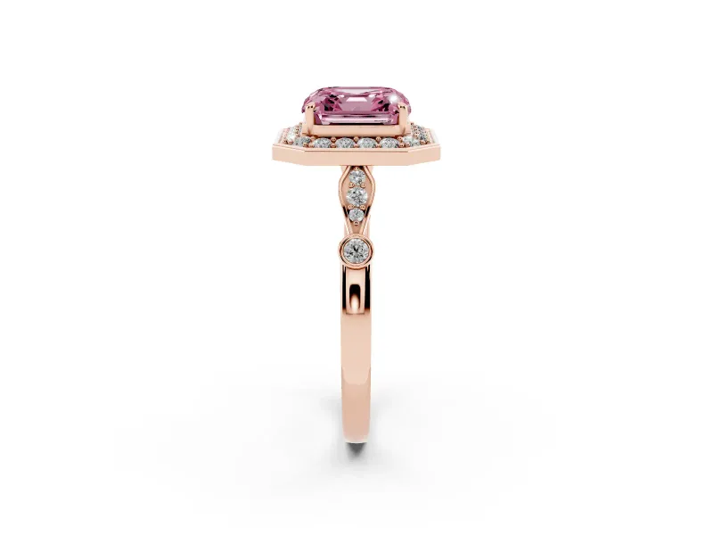 Asscher Cut Halo Engagement Ring Setting for a Fancy Pink Lab-Grown Diamond | Bezel Station Shoulders | Rose Gold
