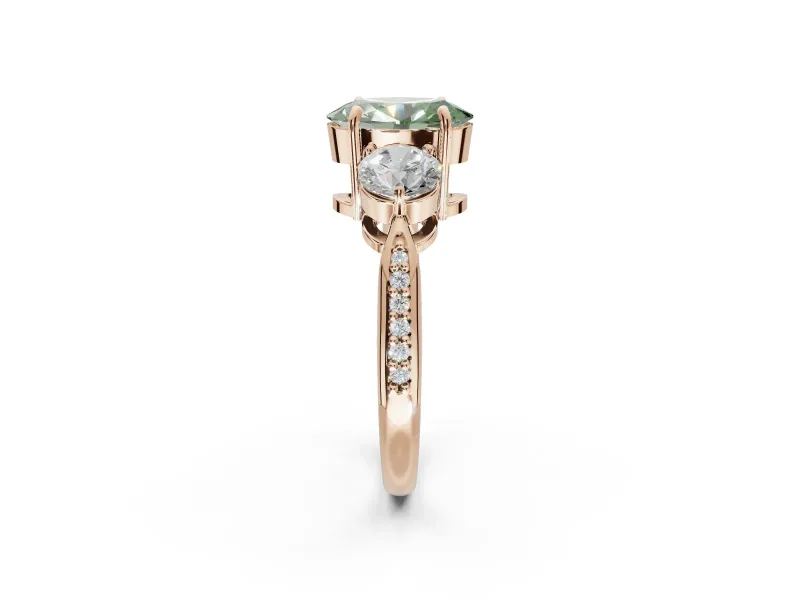 Oval Three Stone Engagement Ring Setting for a Fancy Green Lab-Grown Diamond | Tapered Pave Band | Rose Gold