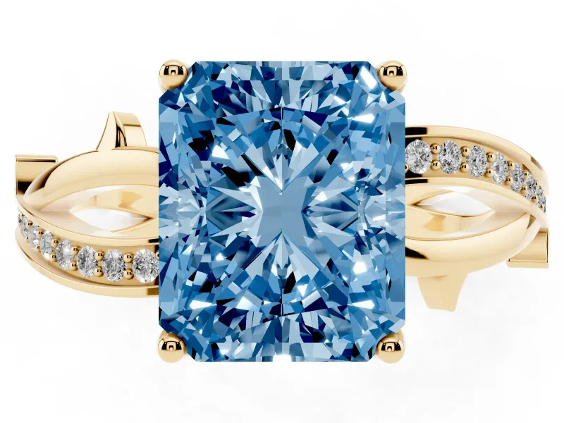 Fancy Blue Radiant Cut Diamond Pavé Twist Band Solitaire Ring Set in Yellow gold with Prong Setting
