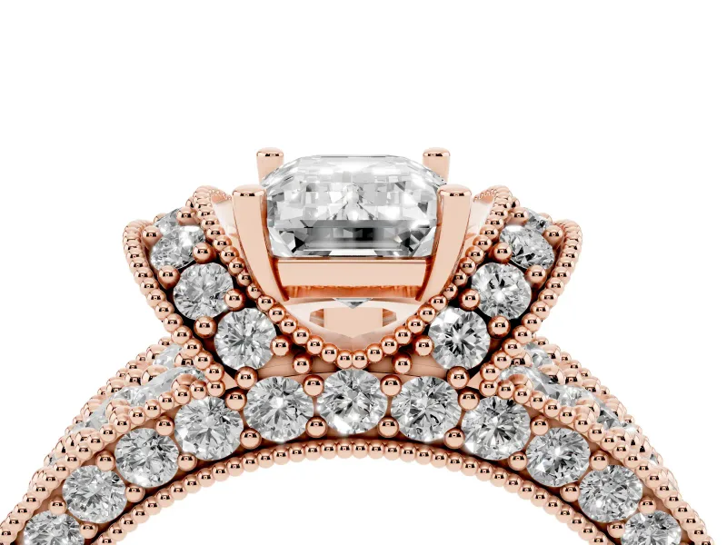 Emerald Cut Vintage Milgrain Pave Engagement Ring Setting | Crescent Side Rows | Rose Gold