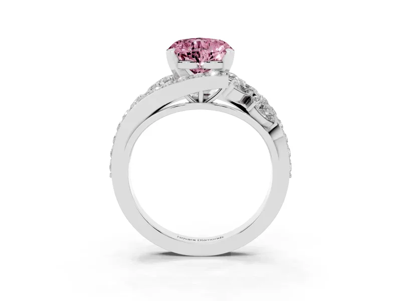 Fancy Pink Heart Cut Diamond Halo Ring Set in Silver with Marquise and Pavé Band in Prong Setting